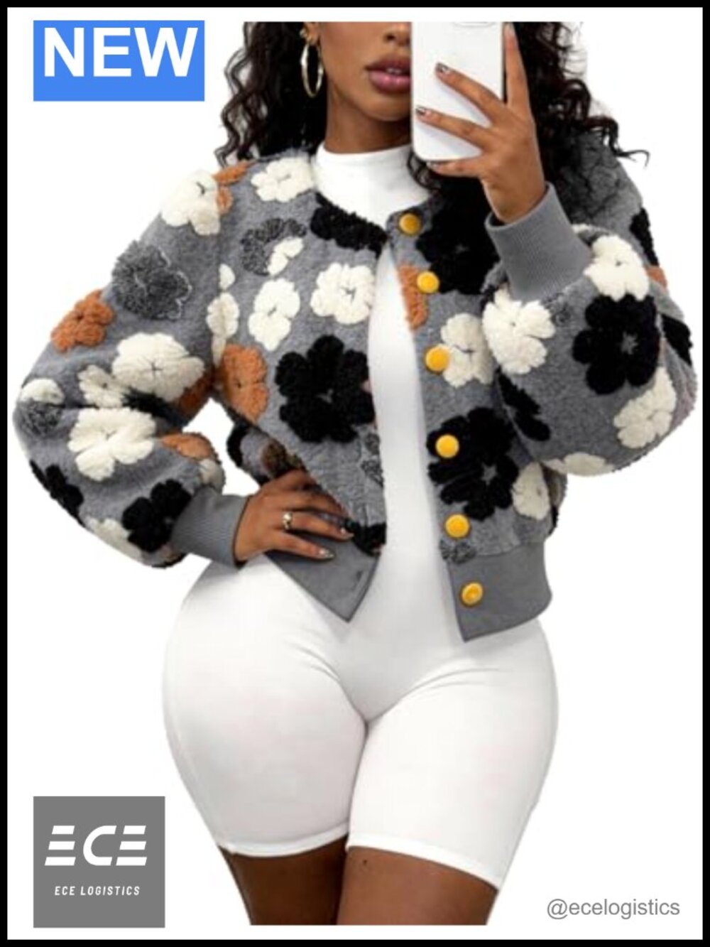 Floral Fleece Bomber Jacket Cropped Button-Down Lantern Sleeve Fall Coat